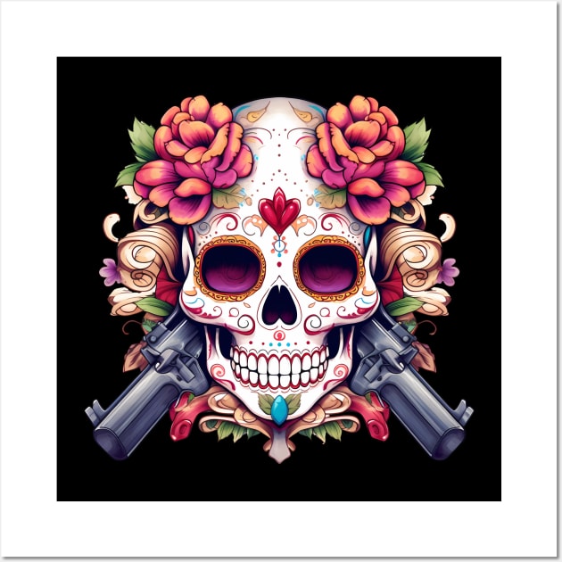 skull with guns Wall Art by One Eyed Cat Design